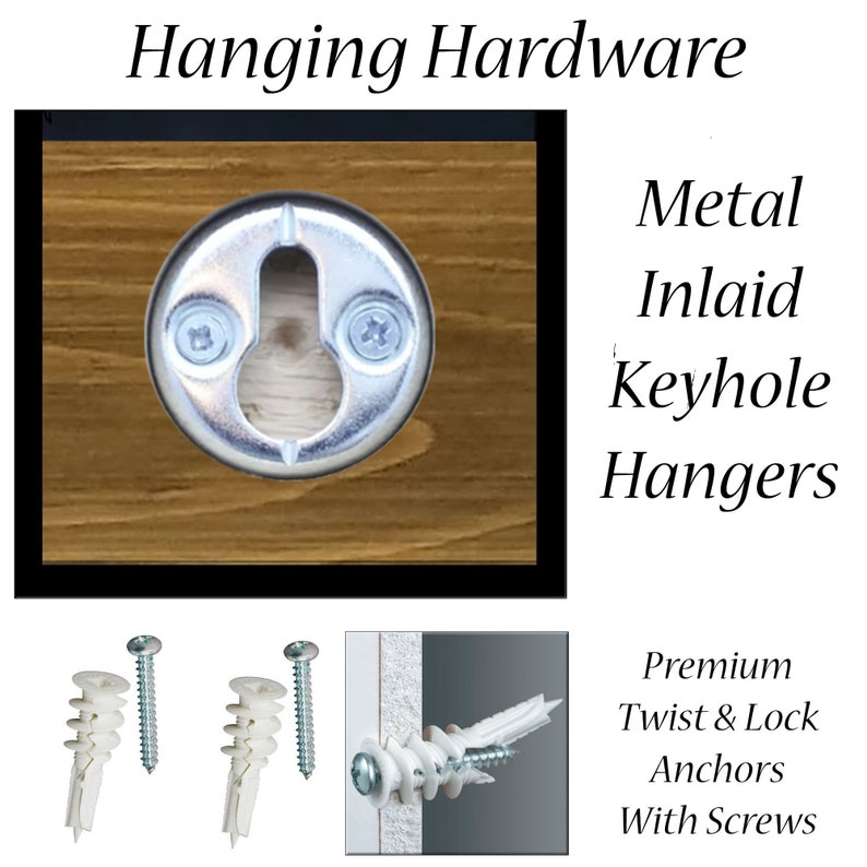 May include: Metal inlaid keyhole hangers and premium twist & lock anchors with screws. The image shows a close-up of a metal keyhole hanger with two screws, and a set of anchors with screws. The text reads "Hanging Hardware".