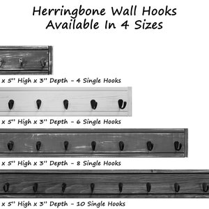 May include: Herringbone wall hooks in four sizes. The image shows four wooden wall-mounted hook racks. The first is 12" wide, the second is 24" wide, the third is 36" wide, and the fourth is 48" wide. Each has a depth of 3" and a height of 5".
