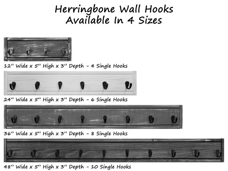 May include: Herringbone wall hooks in four sizes. The image shows four wooden wall-mounted hook racks. The first is 12" wide, the second is 24" wide, the third is 36" wide, and the fourth is 48" wide. Each has a depth of 3" and a height of 5".