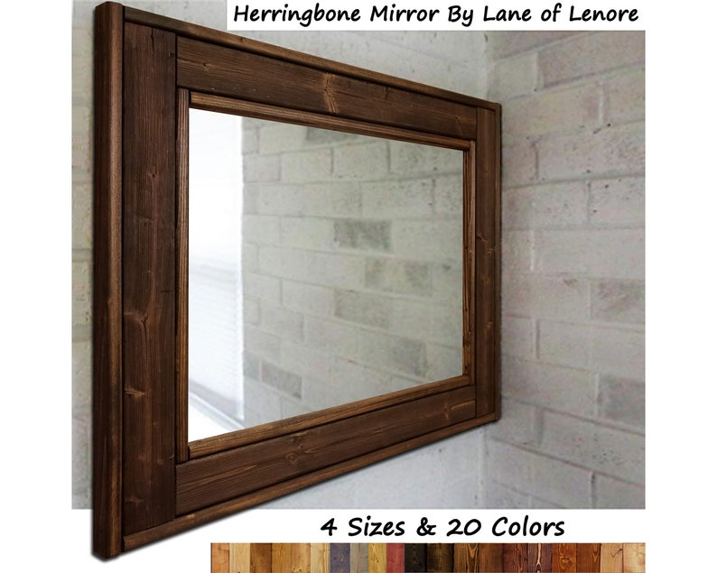 Large Framed Herringbone Reclaimed Wood Mirror Over Vanity Etsy