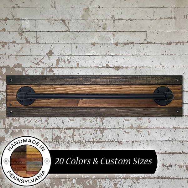 Industrial Iron Works Wall Towel Rack with Industrial Pipe Bar and Wood Accent - Custom Colors