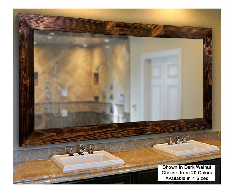Mirrors Handmade Products Bathroom Vanity Mirror Large Framed Brown Mirror Herringbone Reclaimed Wood Framed Mirror Available In 4 Sizes And 20 Stain Colors Shown In Dark Walnut Rustic Decor Bathroom