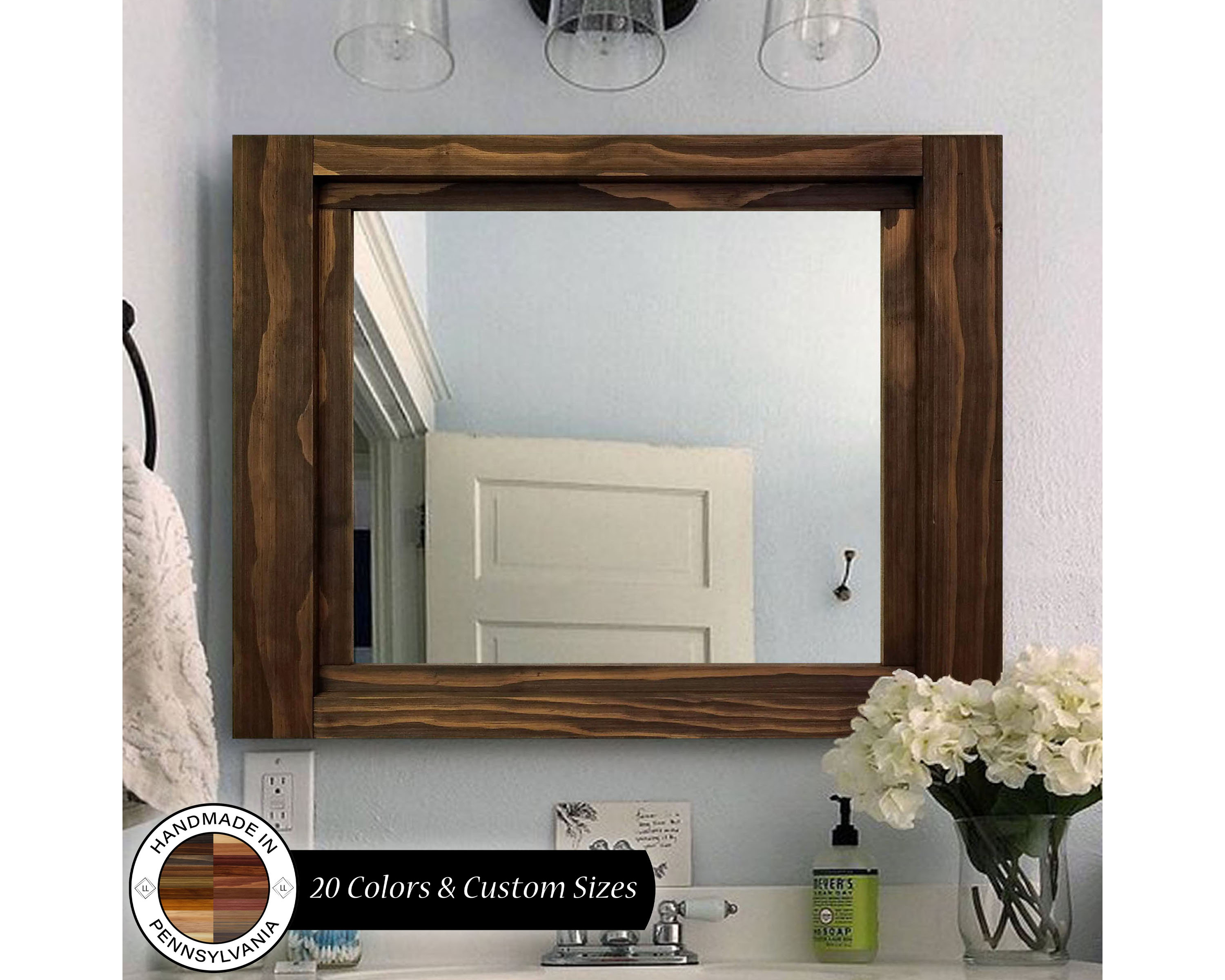 Espejo de baño de 48 x 30 pulgadas con marco de madera natural para pared,  espejo rectangular grande para decoración de granja, antioxidante, a prueba
