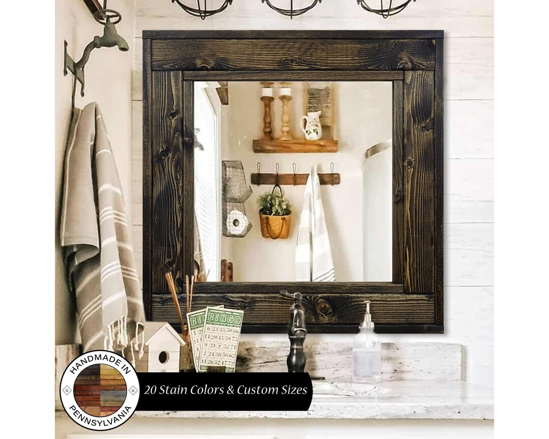 Bathroom Vanity Mirror, Custom Square Herringbone Handmade Wood Framed