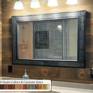 Herringbone Rustic Wood Framed Mirror, Custom Sizes & 20 Stain Colors, Shown in Ebony, Decorative Bathroom Wall Mirror, Cabin Decor