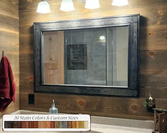 Herringbone Rustic Wood Framed Mirror, Custom Sizes & 20 Stain Colors, Shown in Ebony, Decorative Bathroom Wall Mirror, Cabin Decor