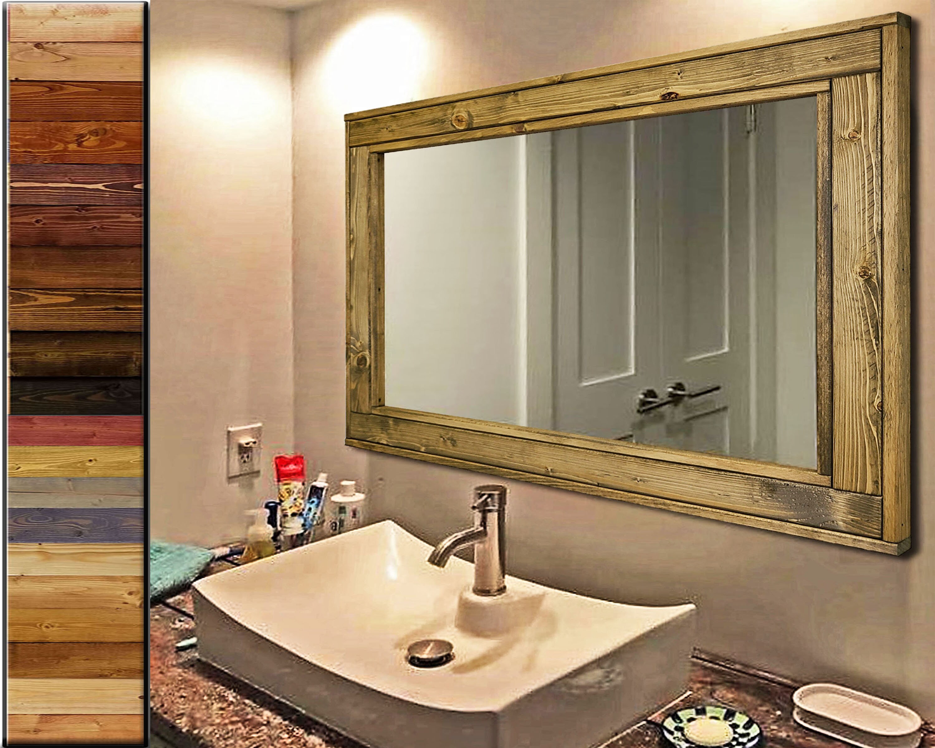 Large Framed Herringbone Reclaimed Wood Mirror Bathroom Etsy