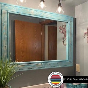 Herringbone Framed Wood Mirror, Custom Sizes & 20 Colors, Vintage Aqua, Rustic Reclaimed Styled Wood, Mirror Wall Decor, Rustic Home Decor