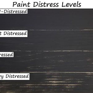 May include: Image showing four levels of paint distress: Non-Distressed, Light Distressed, Distressed, and Heavy Distressed. Each level is a section of dark gray painted wood, demonstrating the varying degrees of wear and texture.