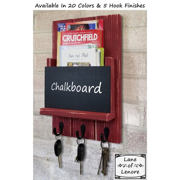 Sydney Mail Slot with Chalkboard & Choose from 20 Colors and Up To 3 Hooks - Mail and Key Holder -Mail Organizer Wall - Sundried Tomato Red