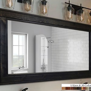 Herringbone Large Rustic Wood Framed Mirror – Double Vanity Mirror, Decorative Mirror, Handmade Home Decor - 20 Colors, Ebony - 5 Sizes
