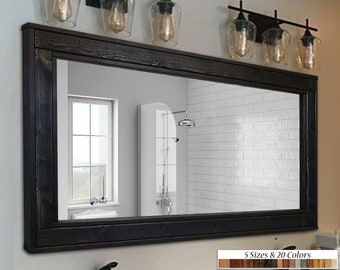 Herringbone Large Rustic Wood Framed Mirror – Double Vanity Mirror, Decorative Mirror, Handmade Home Decor - 20 Colors, Ebony - 5 Sizes