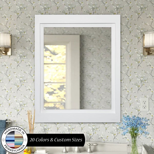 Farmhouse Framed Wall Mirror, Custom Sizes, 20 Paint Colors, Bright Ivory White - Shabby Chic Large Framed Bathroom Vanity Wall Mirror