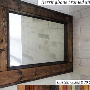 Herringbone Rustic Wood Framed Mirror, Available in 5 Sizes and 20 Stain colors: Shown in Dark Walnut - Large Wall Mirror - Rustic Modern