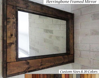 Herringbone Rustic Wood Framed Mirror, Available in 5 Sizes and 20 Stain colors: Shown in Dark Walnut - Large Wall Mirror - Rustic Modern