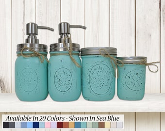 Custom Mason Jar 2, 3, 4, 5 or 6 Piece Painted Jar Set with Soap Pump Lids, Modern Rustic Farmhouse Bathroom Decor – 20 Colors, Sea Blue