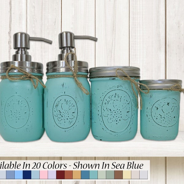 Custom Mason Jar 2, 3, 4, 5 or 6 Piece Painted Jar Set with Soap Pump Lids, Modern Rustic Farmhouse Bathroom Decor – 20 Colors, Sea Blue
