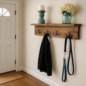 Modern Rustic Wall Shelf With Hooks, Display Shelf, Coat Hooks, Key Hooks, Entryway Decor - 8 Sizes - 20 Colors - Shown in Dark Walnut
