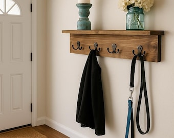 Modern Rustic Wall Shelf With Hooks, Display Shelf, Coat Hooks, Key Hooks, Entryway Decor - 8 Sizes - 20 Colors - Shown in Dark Walnut