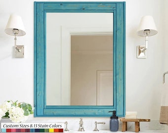 Herringbone Rustic Styled Large Framed Wood Mirror - Vanity Mirror, Decorative Mirror, Rustic Decor, Aqua Teal Decor, 13 Colors & 5 Sizes