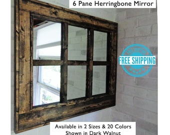 Herringbone Window 6 Pane Mirror Handmade Wood Mirror - Decorative Wall Mirror - Available in 2 Sizes - 20 colors: Shown in Dark Walnut