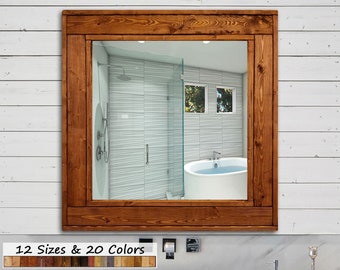 Square Herringbone Rustic Wood Mirror - 20 Stain & Paint Colors – 12 Custom Sizes - Large Framed Wall Mirror - Shown in English Chestnut