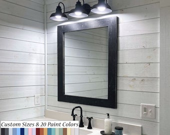 Shiplap Reclaimed Styled Wood Framed Mirror, 20 Paint Colors - Black Frame Large Wall Mirror, Handmade Home Decor, Vanity Bathroom Mirror