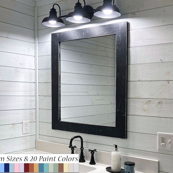 Shiplap Reclaimed Styled Wood Framed Mirror, 20 Paint Colors - Black Frame Large Wall Mirror, Handmade Home Decor, Vanity Bathroom Mirror