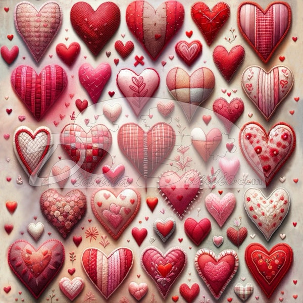 Quilted Valentine, Vintage Style, Antique Hearts, Digital Art, Instant PNG, Download Artwork, Printable.