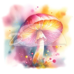 Puede incluir: Una pintura de acuarela de un hongo rosa y amarillo con un tallo blanco. El hongo está rodeado de un fondo colorido con pequeños puntos.