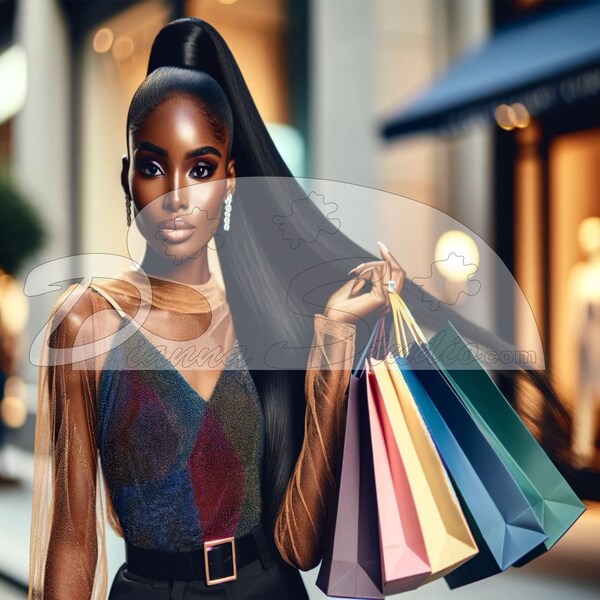Shopping Time, Fashionable Girl, Long Ponytail, Digital Art, Instant PNG, Download Full Color, Printable.