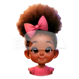 ピンクのパフ、かわいい黒人の女の子、アフロパフ、デジタルアート、インスタントPNG、フルカラーでダウンロード、印刷可能。