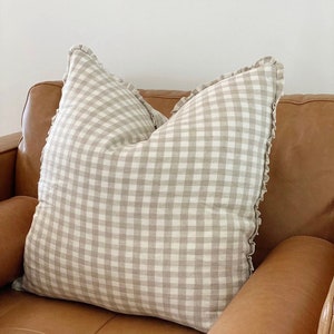 The Tan Plaid 22 Linen Pillow Cover Gingham European linen french linen pillow Neutral linen Pillow, gingham linen throw pillow image 2