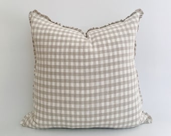 Tan Gingham Ruffle Pillow, French Country Pillow, Farmhouse Pillow, linen Gingham Pillow, linen sham, linen throw pillow, pillow with ruffle