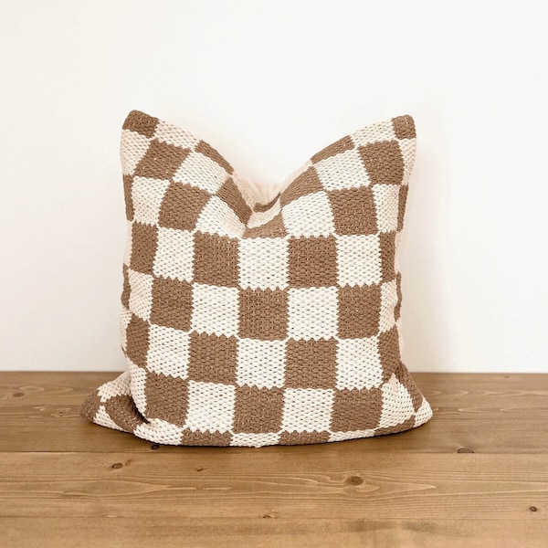 The HARLOW 20" X 20" Hand Woven Darn tan Pillow Cover | checkerboard pillow | check pillow