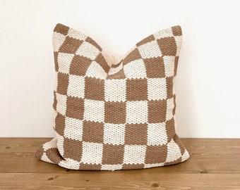 The HARLOW 20" X 20" Hand Woven Darn tan Pillow Cover | checkerboard pillow | check pillow