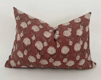 Hand Stamped Floral Lumbar Pillow Cover: Burgundy Pink Cotton