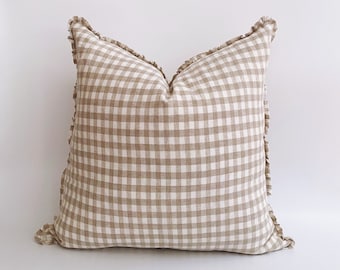 Housse de coussin en lin 22 pouces The Tan Plaid | Linge de maison vichy européen | oreiller en lin français | Oreiller en lin neutre, coussin en lin vichy