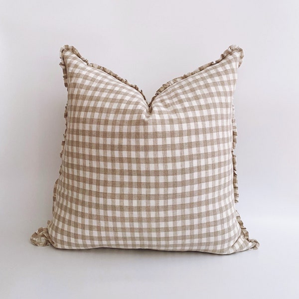 Housse de coussin en lin 22 pouces The Tan Plaid | Linge de maison vichy européen | oreiller en lin français | Oreiller en lin neutre, coussin en lin vichy