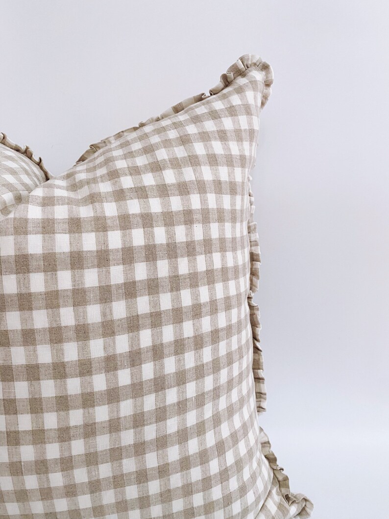 The Tan Plaid 22 Linen Pillow Cover Gingham European linen french linen pillow Neutral linen Pillow, gingham linen throw pillow image 3