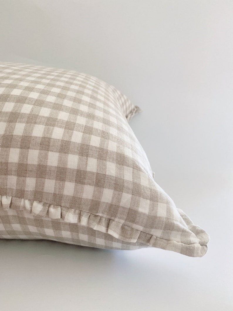 The Tan Plaid 22 Linen Pillow Cover Gingham European linen french linen pillow Neutral linen Pillow, gingham linen throw pillow image 4