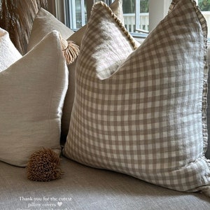 The Tan Plaid 22 Linen Pillow Cover Gingham European linen french linen pillow Neutral linen Pillow, gingham linen throw pillow image 9