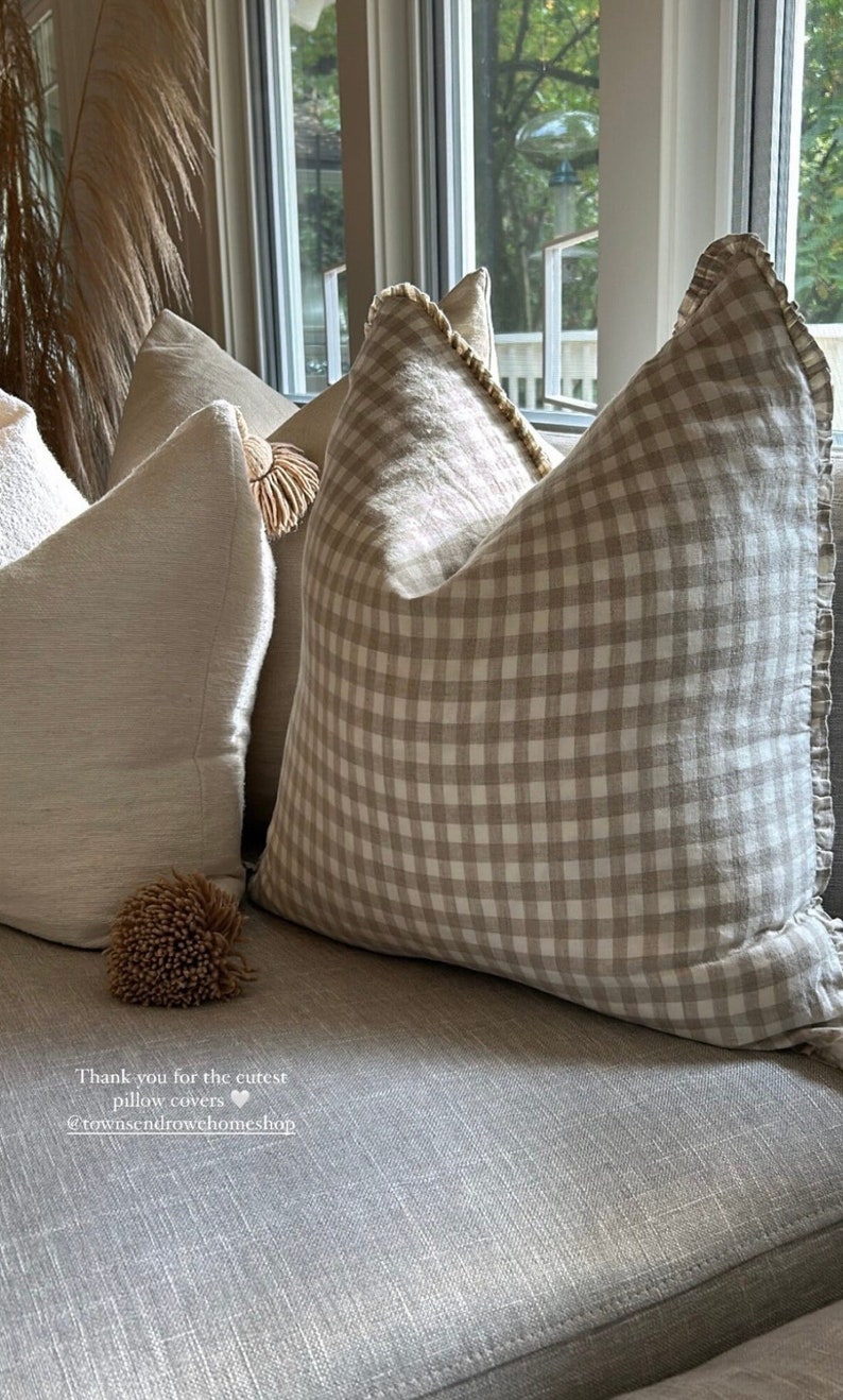 The Tan Plaid 22 Linen Pillow Cover Gingham European linen french linen pillow Neutral linen Pillow, gingham linen throw pillow image 9