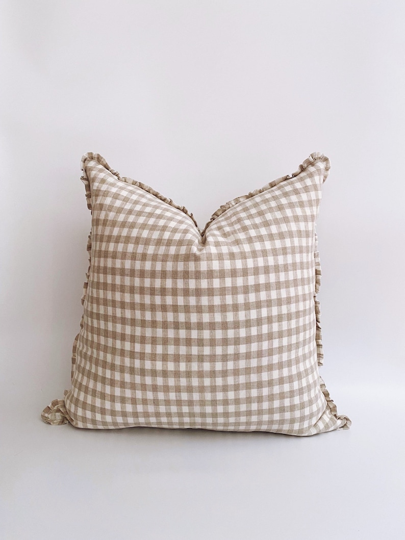 The Tan Plaid 22 Linen Pillow Cover Gingham European linen french linen pillow Neutral linen Pillow, gingham linen throw pillow image 1