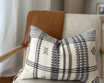 Fringe Lumbar Pillow Cover, Boho Hand Woven Cotton Throw