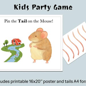 Op de afbeelding: Een "Pin the Tail on the Mouse" partyspel. De afbeelding toont een grote, geïllustreerde muis, een boerderijscène en een vel met staarten. De game bevat een poster van 40,6 x 50,8 cm en staarten in A4-formaat.