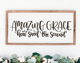 Amazing Grace Wall Art | Hymn Wood Sign, Farmhouse Wall Decor, Amazing Grace How Sweet the Sound Sign, Christian Wall Decor