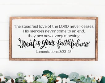 Great is Your Faithfulness Scripture Sign | Bible Verse Wall Decor, Lamentations 3, living room decor, wooden sign, Christian Gift for her