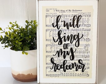 Hymn wall art - I will sing of my redeemer Hymn Board - hand lettered wood sign