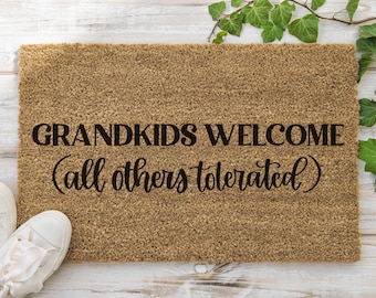 Grandkids Welcome Others Tolerated Doormat, Grandma Grandpa Gift, Gift for Grandparents, Welcome Door Mat, Front Door Decor, Gift from kids